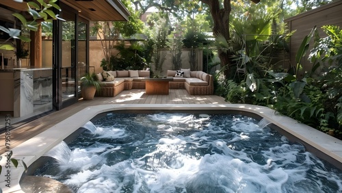 Creating a Stylish Backyard Oasis with a Plunge Pool, Lush Landscaping, and Cozy Seating. Concept Backyard Oasis, Plunge Pool, Landscaping, Cozy Seating, Stylish Décor © Ян Заболотний