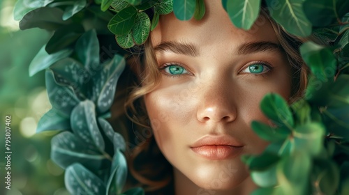 A woman with green hair and blue eyes is surrounded by leaves