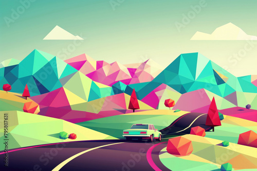 The car drives along the highway between the mountains. Travelling by car. The abstraction that resembles triangles. The road through the mountains.