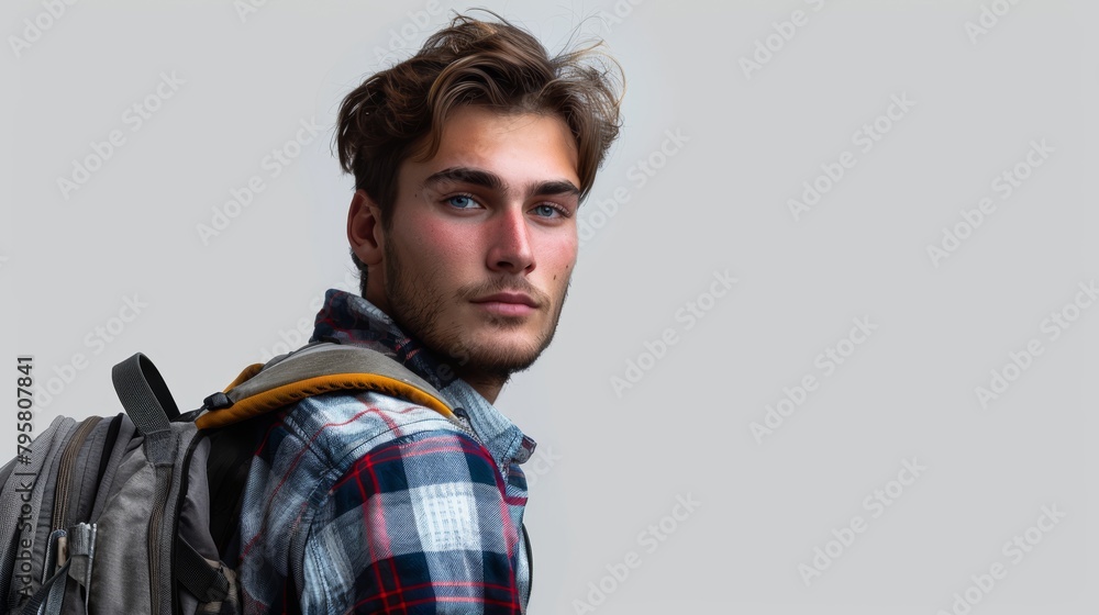 A man with a backpack and a plaid shirt is standing in front of a white wall A man with a backpack and a plaid shirt is standing in front of a white wall