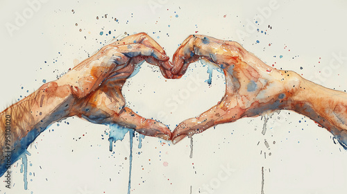 Watercolor painting of hands forming a heart together isolated against beige background photo