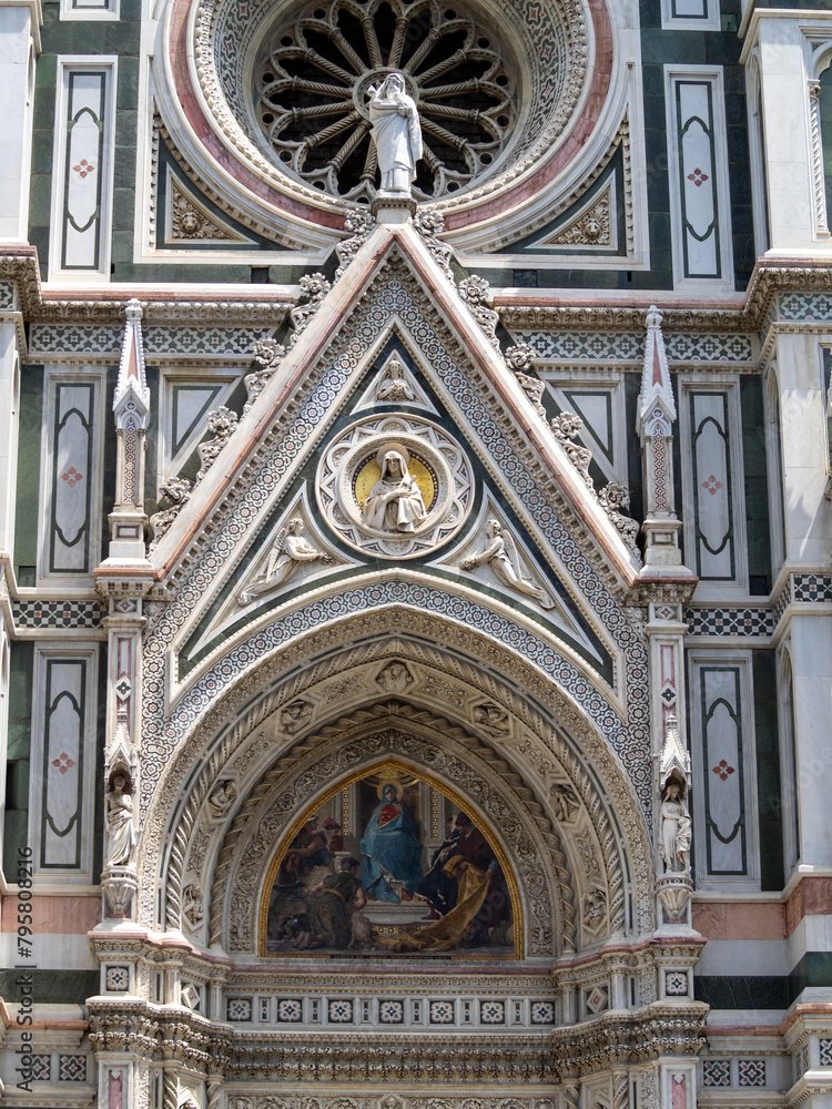 Facade detail, tympanum and rose window, Santa Maria del Fiore, Florence