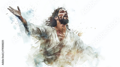 portrait of jesus of nazareth in watercolor painting isolated against white background
