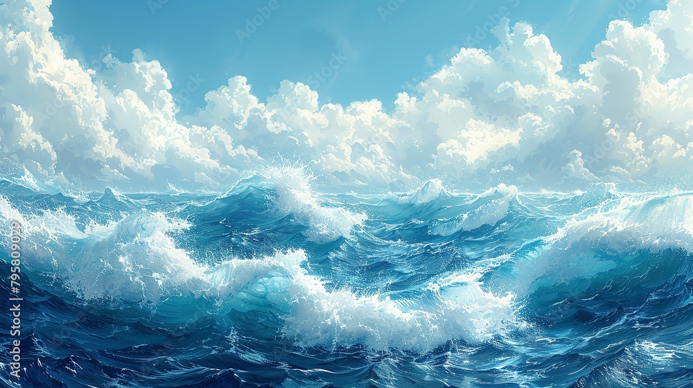 Close-Up Rush: Illustration Showcasing the Strength of Blue Sea Waves