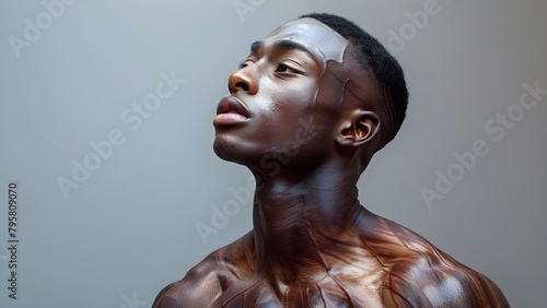 Upper Body Shot of Man Displaying Back and Neck Muscles. Concept Fitness Portrait, Muscular Physique, Back and Neck, Upper Body Shot photo