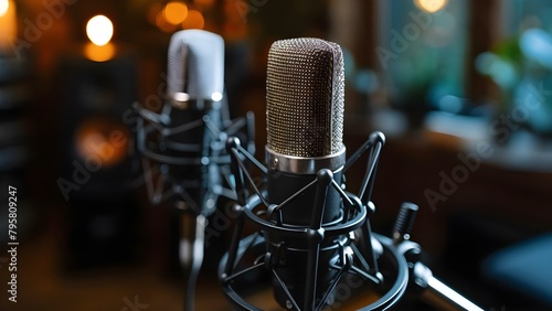 Two microphones in a dark room ideal for podcast or interview settings. Concept Podcast Studio Setup, Dual Microphone Setup, Interview Setup, Dark Room Studio, Audio Recording Environment