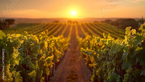 Capturing the Golden Sunset Over a Vineyard: Ideal for Wine Product Promotions or Events. Concept Nature Photoshoot, Golden Hour, Vineyard Scenery, Wine Promotion, Sunset Aesthetics