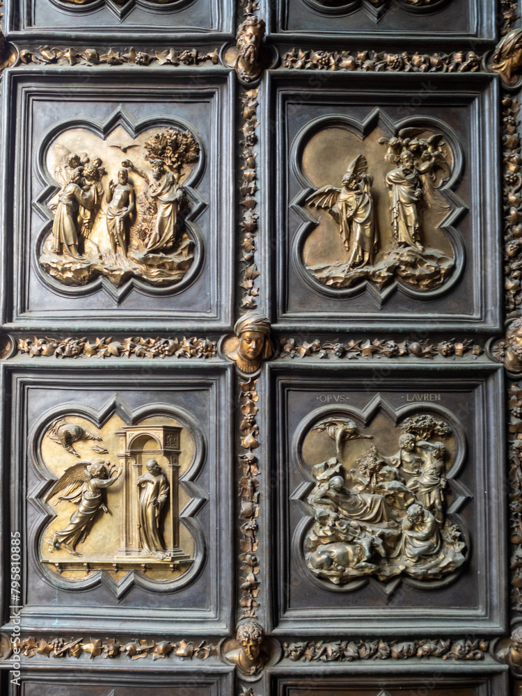 Baptism of Christ, Temptation of Christ, Annunciation and Nativity, detail of the Florence Baptistery North doors by Lorenzo Ghiberti