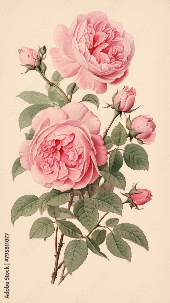 Traditional japanese pink roses pattern flower plant.
