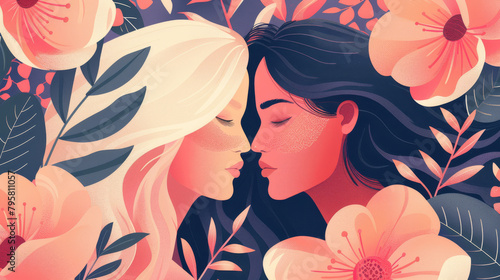 Two happy attractive young women face to face with closed eyes among flowers