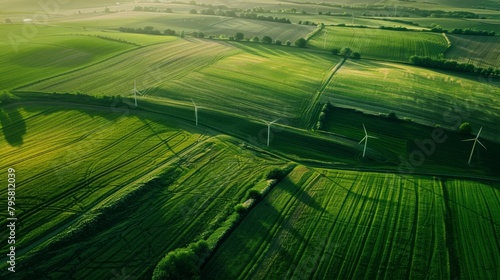 windmills in a green field  aerial view. copy space. green ecology landscape background