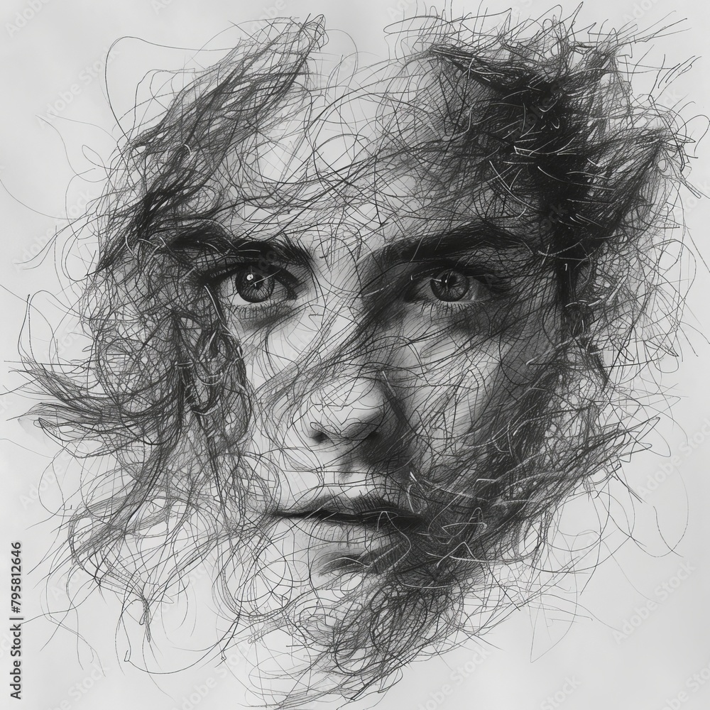 Obraz premium Emotionally Charged Pencil Doodle Portrait in Vince Low Style: A Study of Texture and Gesture