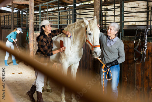 Positive asian horsewoman grooming white racehorse in stall, brushing after riding while aged woman stable owner holding obedient animal by bridle photo