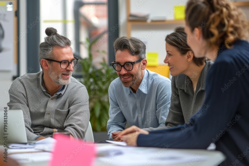 Group of business people discussing business plan at modern startup office. Selective focus. Group of business people discussing business plan at modern startup office. Selective focus.