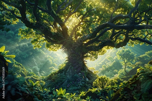 Mystical ancient tree illustration with lush foliage and dappled sunlight creating an enchanting forest atmosphere.