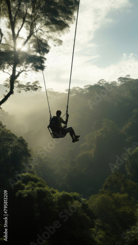 Photo of a man playing zipline through jungle