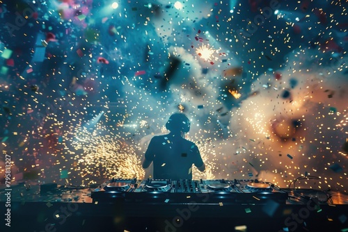 DJ immersed in music surrounded by vibrant confetti explosion at nightclub event