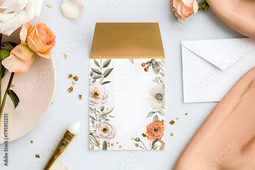 Stylish elegant flat lay white gold floristic greeting invitation post card with copy space mockup.