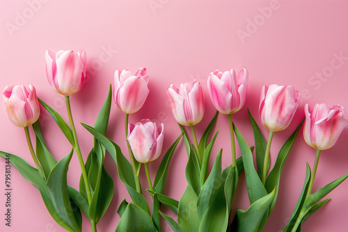 Pink tulips on pink background, copy space, spring, easter, mothers day , womens day background. High quality photo