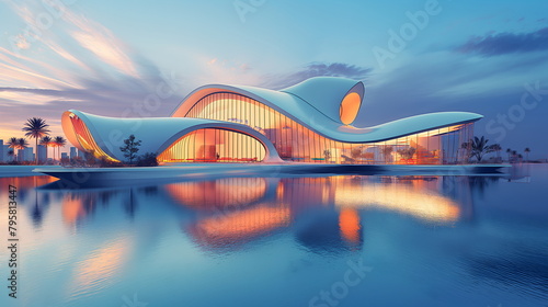 A sleek, futuristic building reflects on the calm waters surface during a vibrant sunset, highlighting its unique design against a dynamic sky - Generative AI
