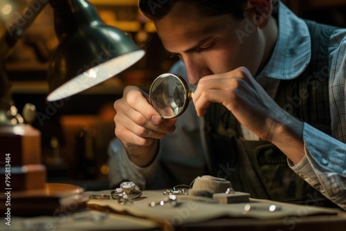 Jeweler examines the facets of a diamond through a loupe in a dimly lit workshop for quality assessment