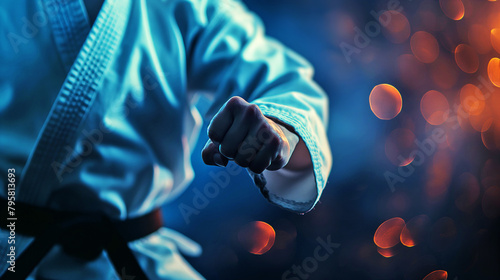 A close-up view of a martial artists clenched fist, with a focus on the black belt and white uniform, embodying strength and discipline - Generative AI