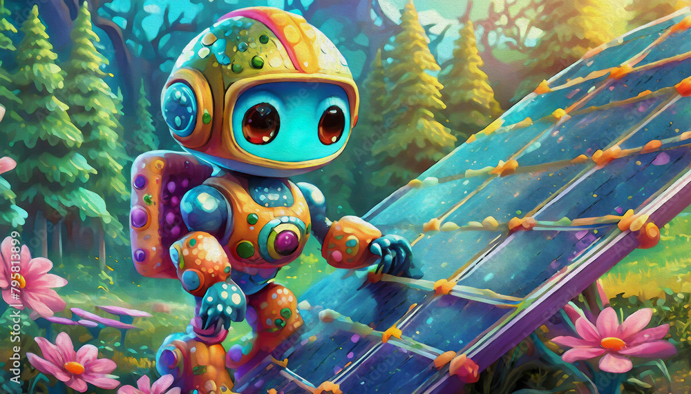 oil painting style CARTOON CHARACTER CUTE robot installing solar panels on a sunny day oil painting style CARTOON CHARACTER CUTE robot installing solar panels on a sunny day