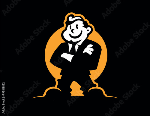 A successful man stands happy. The perfect man's logo. Black background.