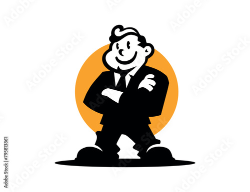 A successful man stands happy. The perfect man's logo. White background.