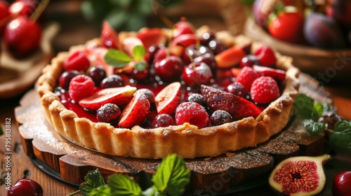 A pie with assorted fruits on a rustic wooden surface