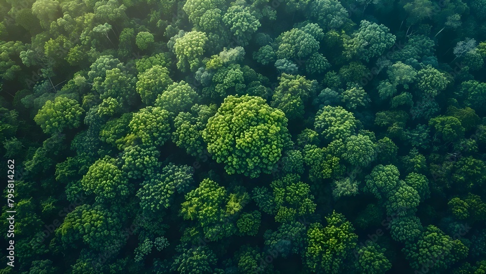 The Green Canopy: A Bird's Eye View of Trees Absorbing Carbon Dioxide. Concept Forest Conservation, Carbon Sequestration, Tree Canopy Research, Environmental Impact, Bird's Eye Perspective