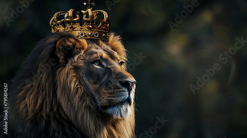 The lion stands tall, its head turned slightly to the side, revealing its profile. Its mane is thick and luxurious, enveloping its neck and shoulders photo