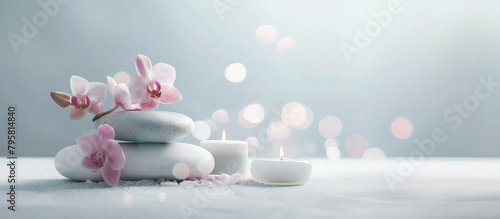 Delicate orchids on stones with soft candlelight, a tranquil spa retreat.