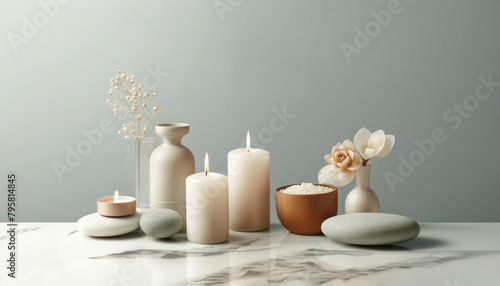 Neutral-toned candles and pottery on marble, a peaceful spa setting.