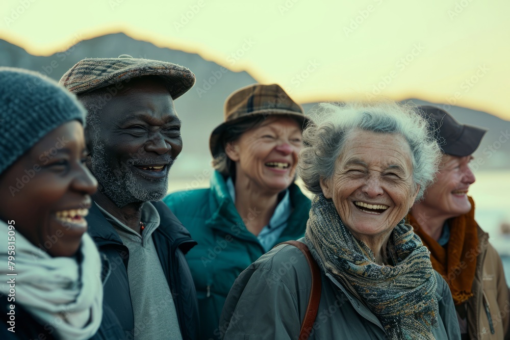 Group of happy elderly people having fun in the park at sunset.