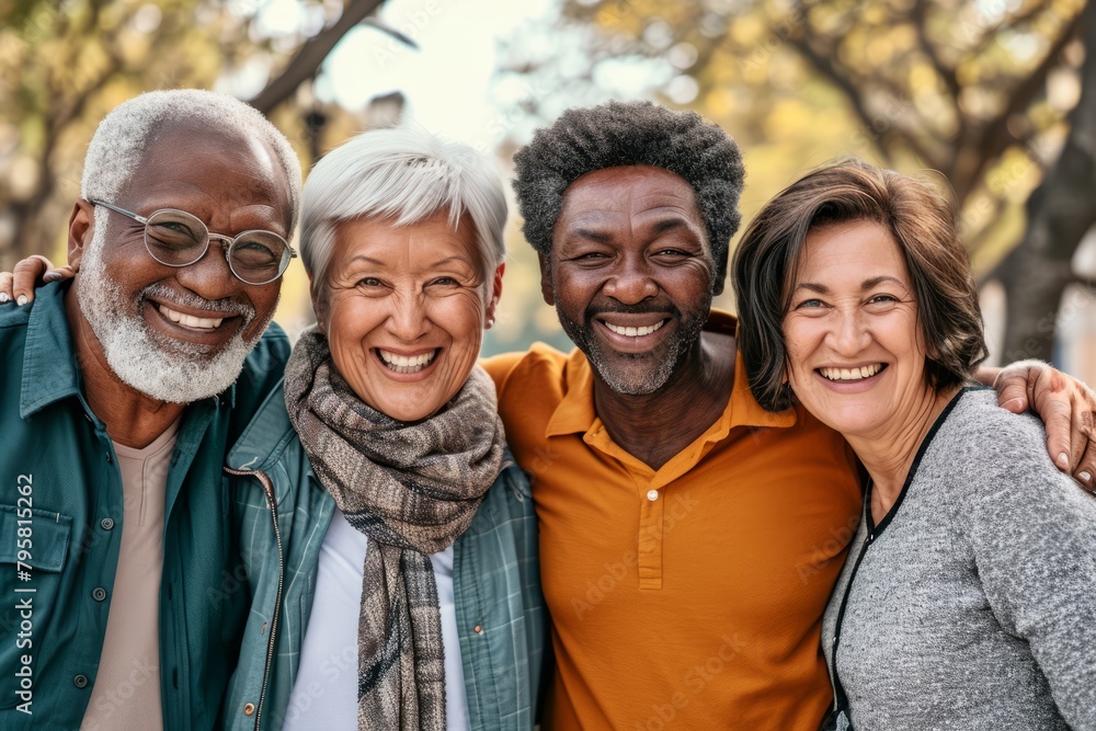 Happy family. Group of diverse senior people bonding together and smiling while standing in the park Happy family. Group of diverse senior people bonding together and smiling while standing in the park