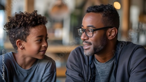 Father and teenage son meet with social worker to discuss mental health issues. Concept Family Therapy, Mental Health Support, Parent-Teen Communication, Counseling Strategies