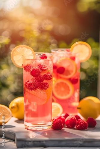 Pink refreshing cold raspberry lemonade in tall glasses outside on the porch