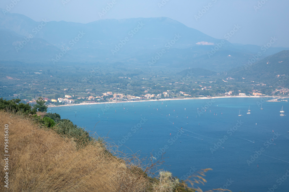 Sunset view of coastline of Lefkada island, Greece