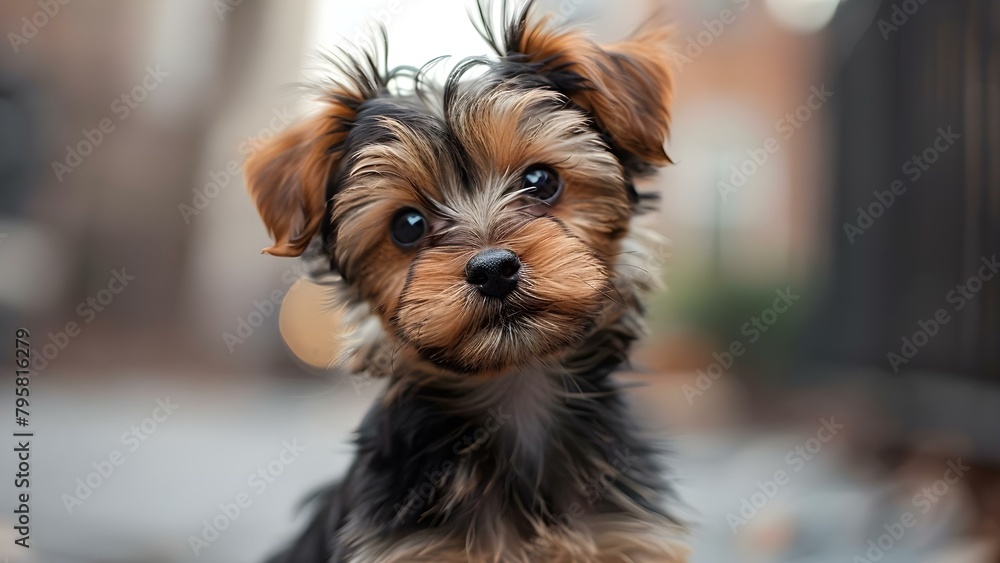 Adorable Yorkshire Terrier puppy with brown fur on the street. Concept Pets, Yorkshire Terrier, Puppy, Animal Photography, Street Portrait