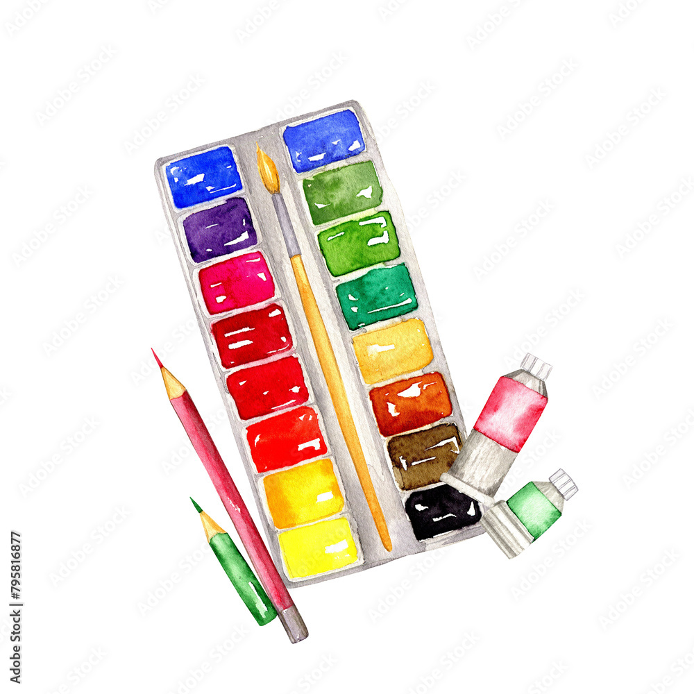 Set of watercolor paints with brushes, red pencil, pen, marker, sharpener, watercolor tubes, Set of watercolor paints with brushes, red pencil, pen, marker, sharpener, watercolor tubes,