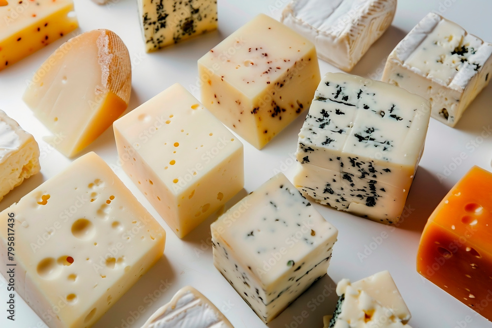 Pieces of different types of cheese close-up on a background.