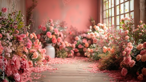 The background of the room for studio photos is pink in color and filled with beautiful flower decorations