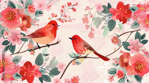Birds in branches flowers floral background with flowers © Koplexs-Stock
