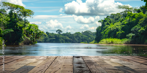 Wooden surface, with the Amazon River in the background. Space to place product or brand photo