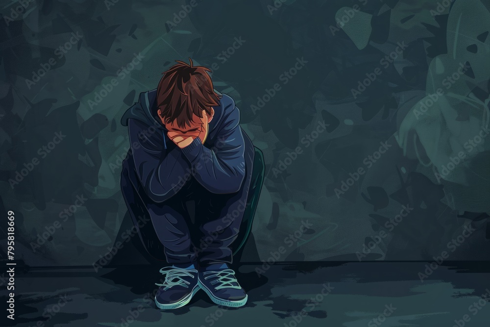 sad boy sitting on the floor cartoon image Stock Illustration | Adobe Stock