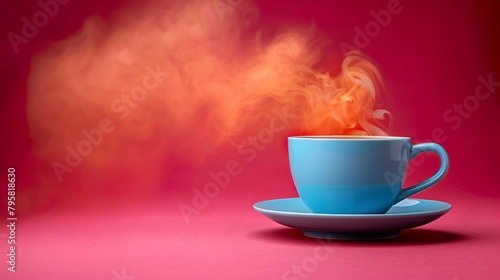 A blue coffee cup rests on a blue saucer, while hot coffee emits gentle streams of steam on a red background. Cup of hot coffee with copy space.