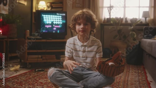 Portrait of happy Caucasian boy sitting on carpeted floor and playing with baseball glove and ball with old space shooter game on tube TV in background at home, 90s