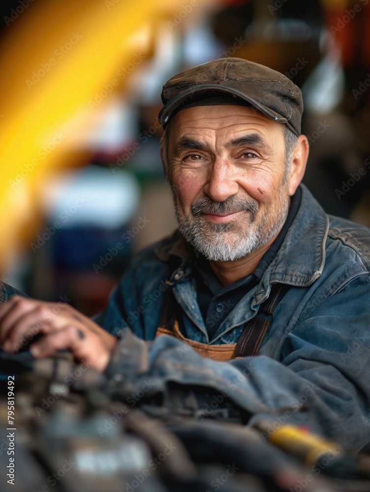 Portrait of a senior auto mechanic in his garage smiling at the camera.