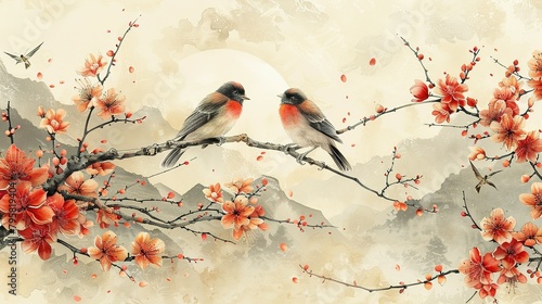 Birds in branches flowers floral background with flowers